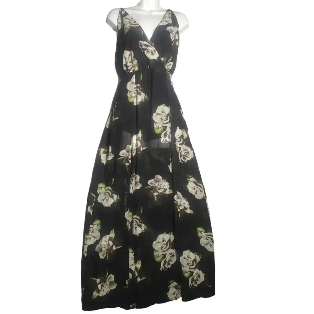 Cotton Candy LA Sheer Floral Maxi Two Slits Built in Romper V Neck - Picture 1 of 9